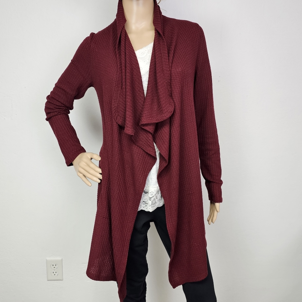 Knox Rose Cardigan Sweater Boho Burgundy Open Front Oversized XS Cottagecore